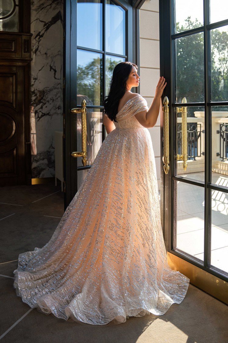 Plus Size Strapless Glitter Dress with Detachable Train - Off Shoulder Wedding Dress with Draped Waist Corset and High Slit - NADINE - WonderlandByLilian