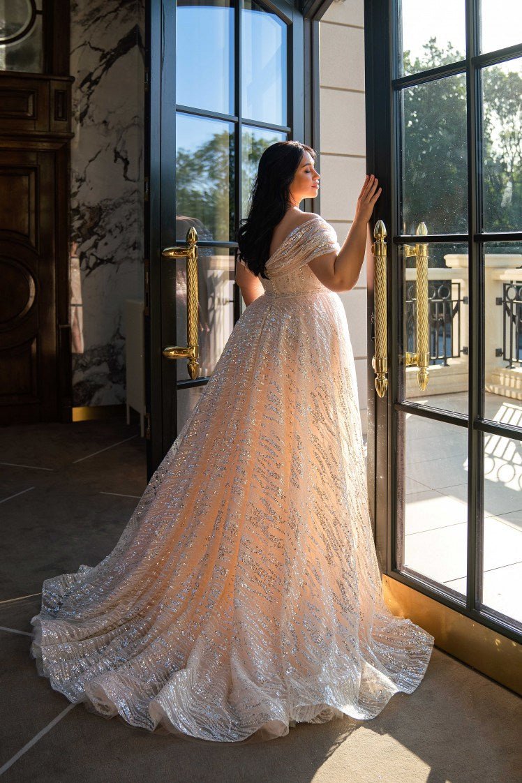 Plus Size Strapless Glitter Dress with Detachable Train - Off Shoulder Wedding Dress with Draped Waist Corset and High Slit - NADINE Plus Size Strapless Glitter Dress with Detachable Train - Off Shoulder Wedding Dress with Draped Waist Corset and High Slit - NADINE