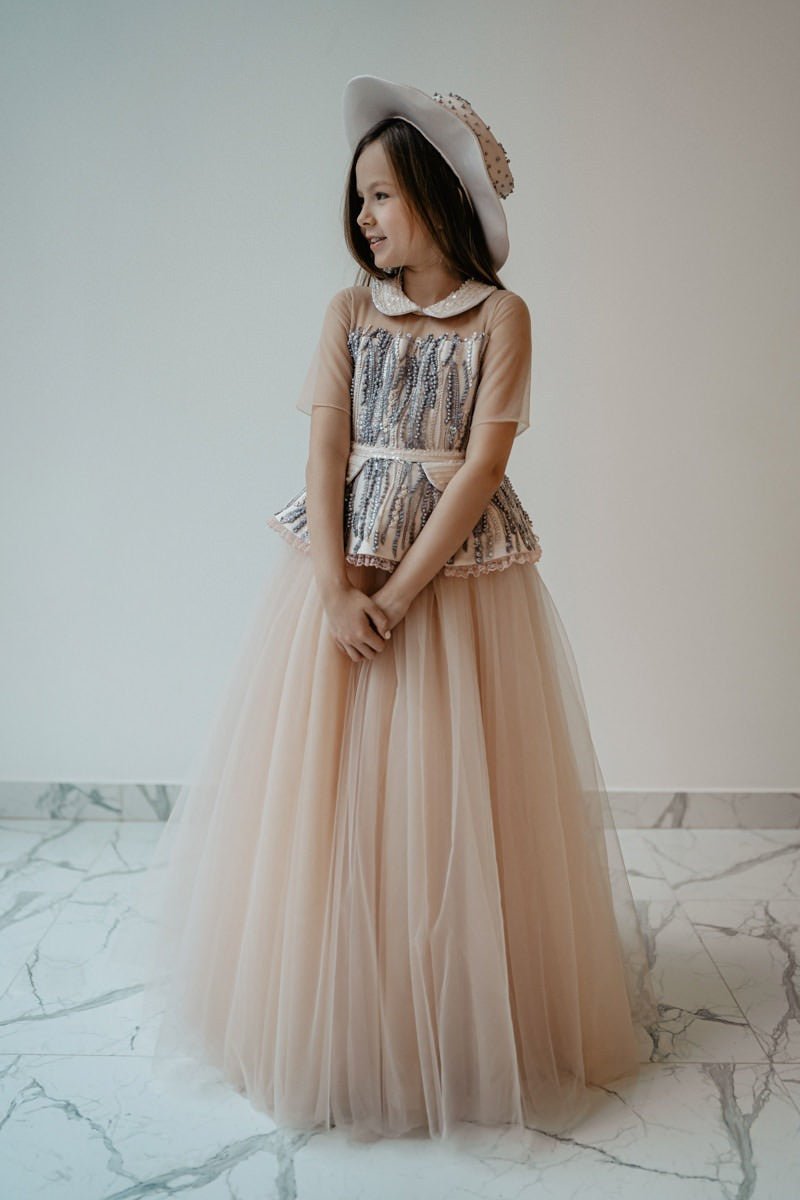 Powder Pink Beaded Plus Size Girl’s Maxi Dress – Amelia Puffy Tulle Gown with Long Sleeves and Matching Hat for Special Occasions - WonderlandByLilian