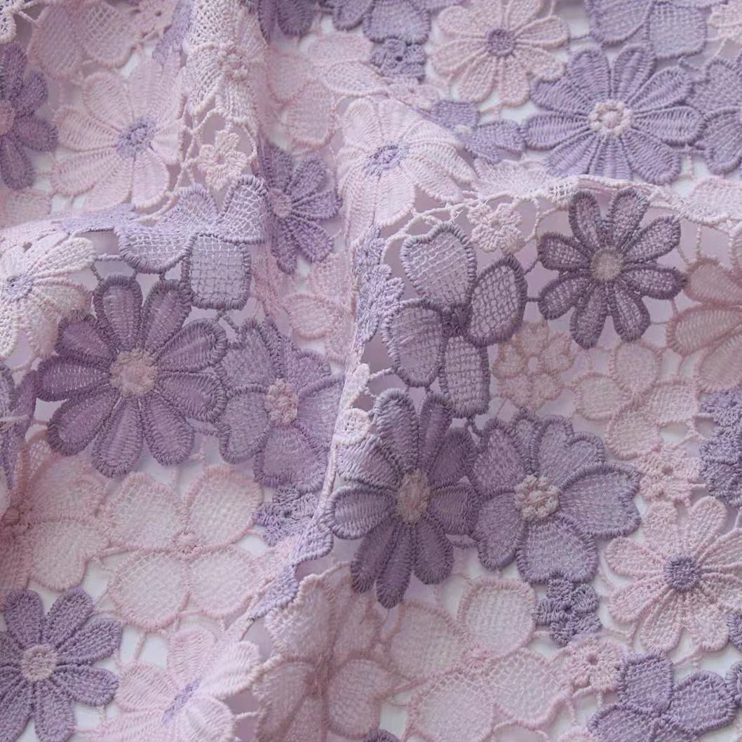 Powder Purple Milk Silk 3D Embroidered Hollow Floral Lace Fabric - WonderlandByLilian