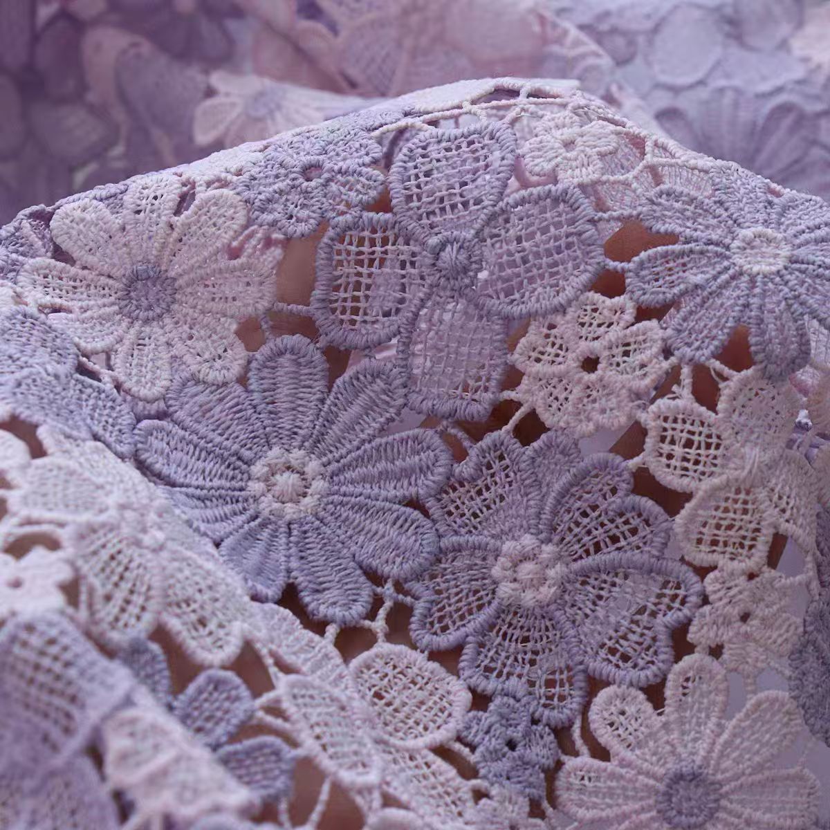 Powder Purple Milk Silk 3D Embroidered Hollow Floral Lace Fabric - WonderlandByLilian