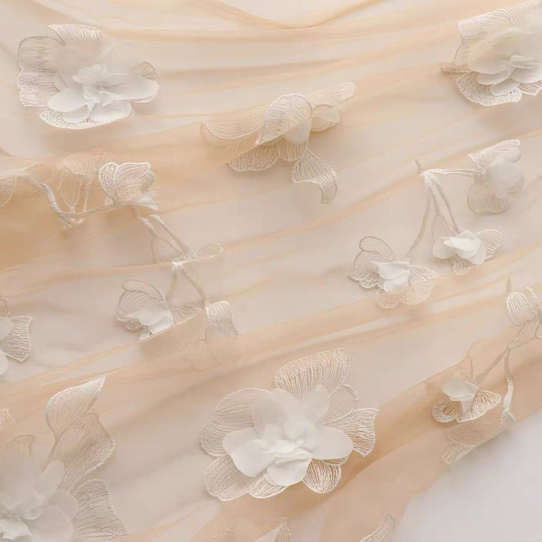 Premium Semi - Transparent White 3D Floral Embroidered Tulle Fabric - WonderlandByLilian