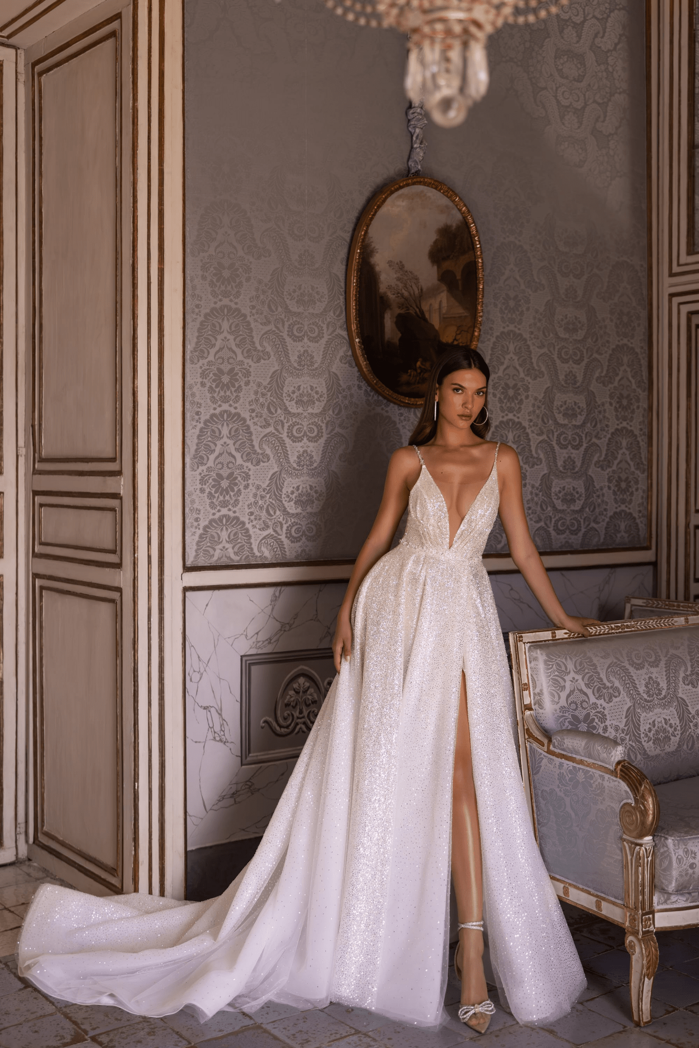 Pretty Sequin Dress and Glittering V-Neck Wedding Dress with Slit – White Sequin Dress and Designer Sequin Gown Plus Size - WonderlandByLilian