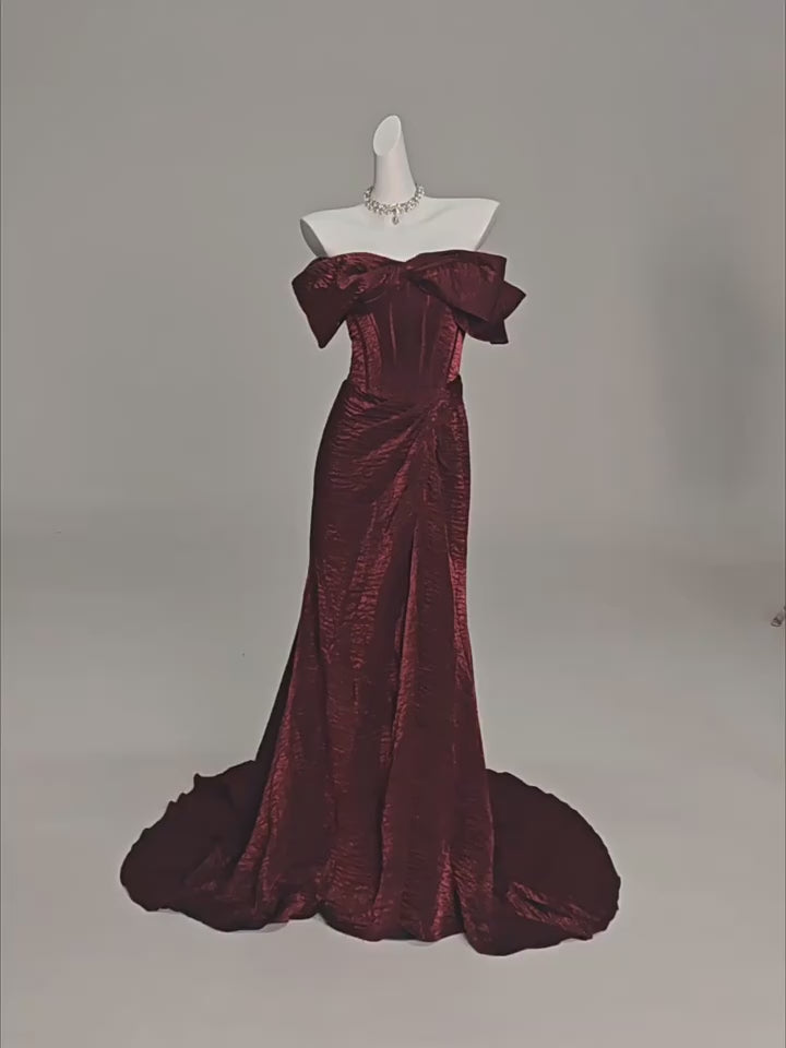 Gothic Burgundy Off-Shoulder Velvet Evening Gown with Train - Plus Size