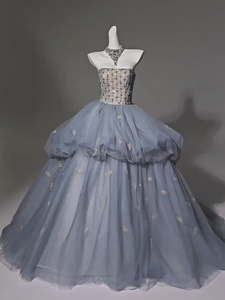 Royal Blue Prom Dress with Tulle Skirt - Golden Corset Back Wedding Dress Plus Size