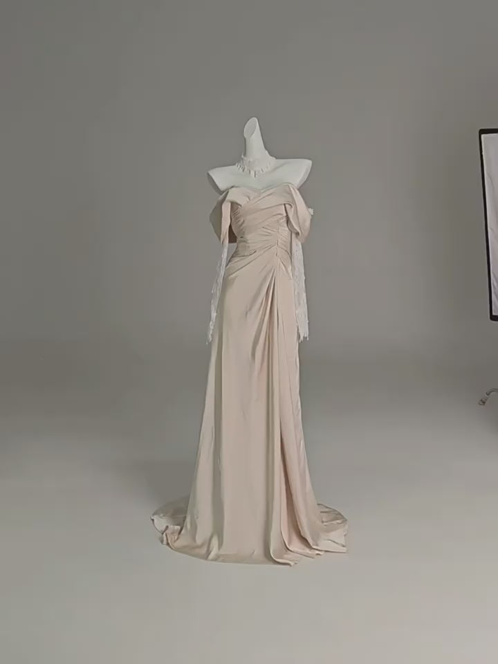 Champagne Off-the-Shoulder Draped Evening Gown - Plus Size