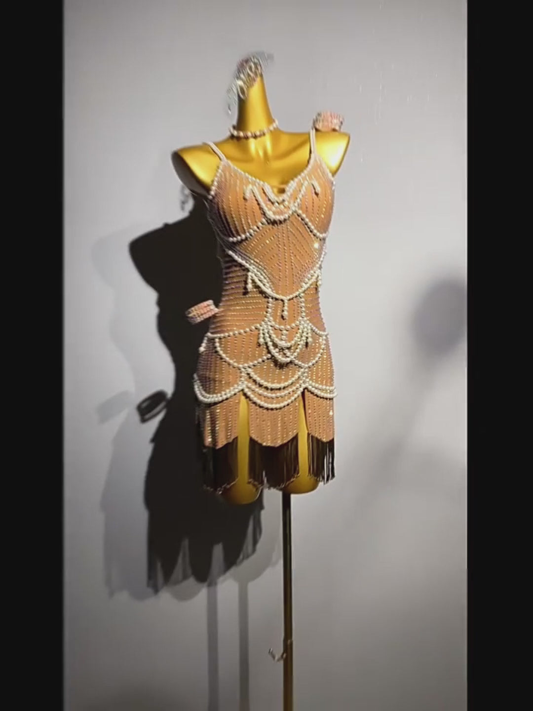 Nude Salsa Sequin Dress with Pearl Chains and Black Fringe – Handmade Latin Ballroom Dance Costume
