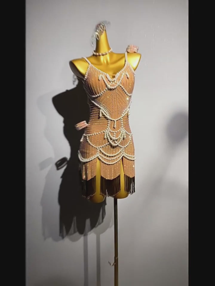 Nude Salsa Sequin Dress with Pearl Chains and Black Fringe – Handmade Latin Ballroom Dance Costume