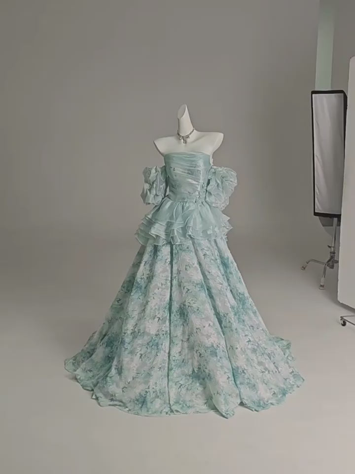 Aqua Blue Floral Off-Shoulder Vintage Ball Gown Evening Dress - Plus Size