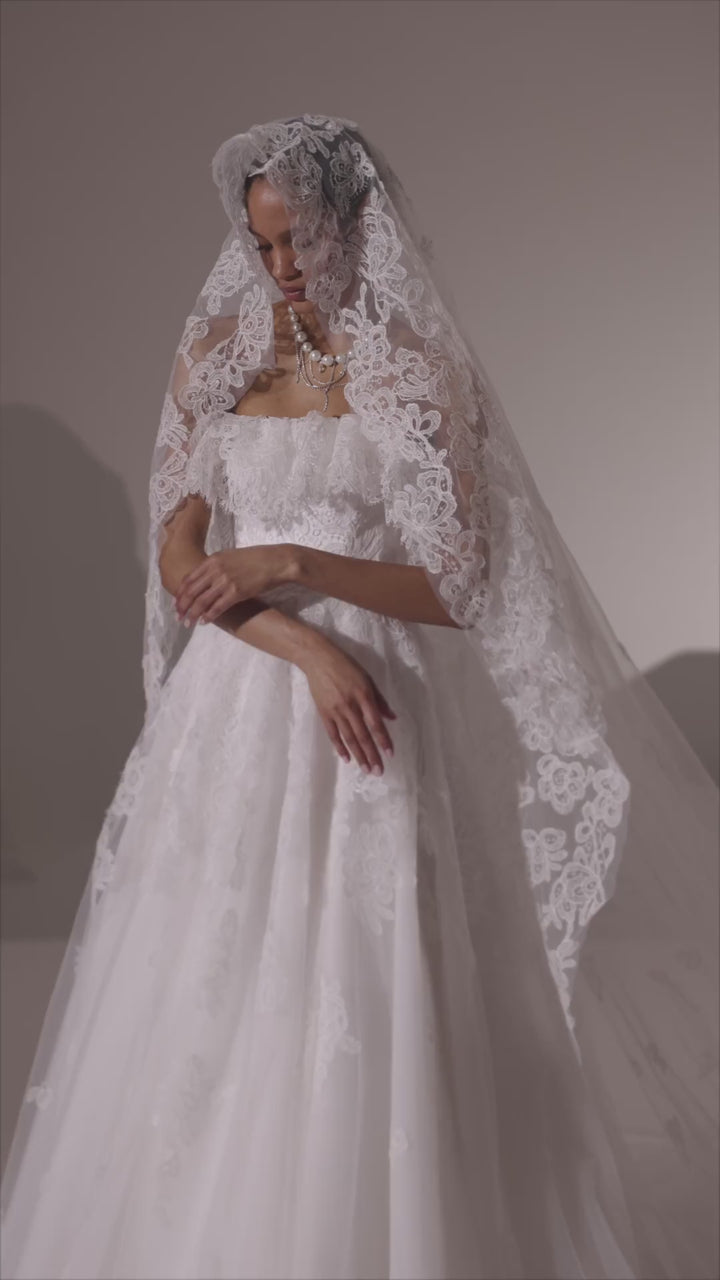 White Lace Wedding Dress with Hooded Veil, Ruffled Bodice, and Floor-Length Train - Plus Size