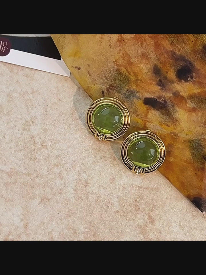 Vintage-Inspired Cabochon Studs with Olive Resin and Gold Accents - Green Grape