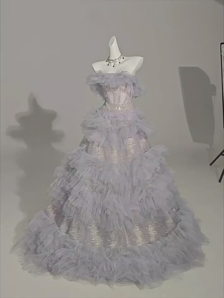 Silver and Gray-Purple Whimsical Fairy Inspired Tulle Ruffle Evening Gown - Plus Size
