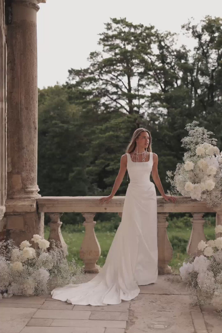 Elegant Ivory Satin Wedding Dress with Square Neck Accentuated Waist and Extended Train Plus Size