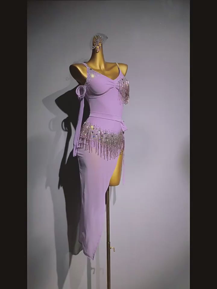 Purple Salsa Dance Dress Lilac Asymmetric Sequin Fringe with Spaghetti Straps – Latin Dance Costumes