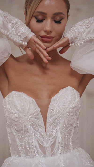 Off-Shoulder Lace Corset Wedding Dress | Low Back Gown with Thigh-High Slit Plus Size