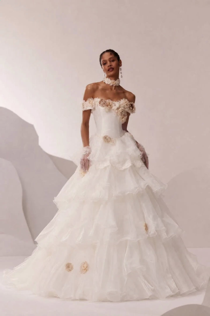 Ivory Tulle Evening Dress with Floral Appliqué and Layered Ruffle Ball Gown Plus Size  Product Description: