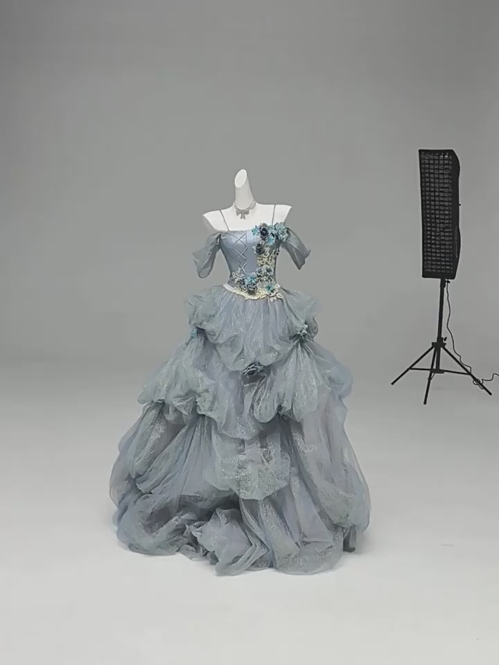 Dusty Blue Off-Shoulder Layered Tulle Ruffle Dress with Floral Appliqué – Floral Evening Dress with Corset Back Plus Size