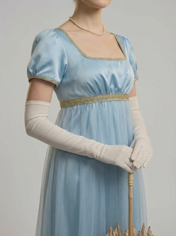 Bridgerton Daphne Blue Dress with Gauze - Regency Era Blue Satin Wedding Dress Plus Size