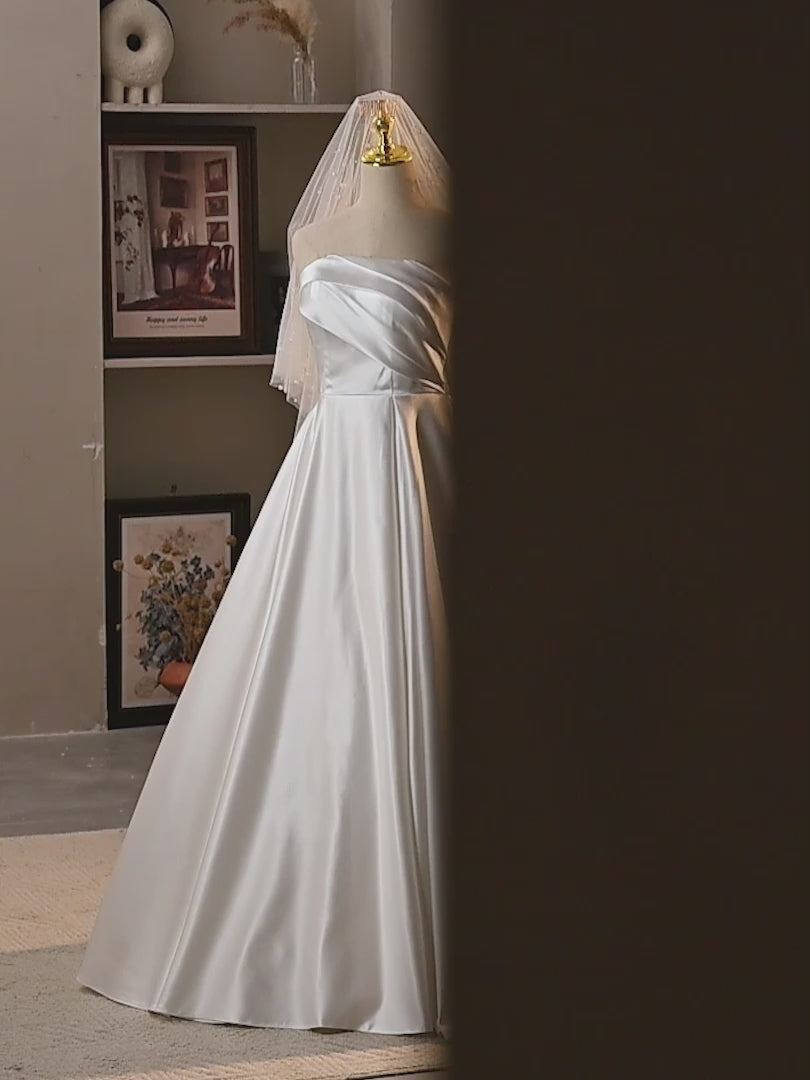 Simple Satin Strapless Wedding Dress – Classic Wedding Dress - A-Line Satin Wedding Gown Plus Size