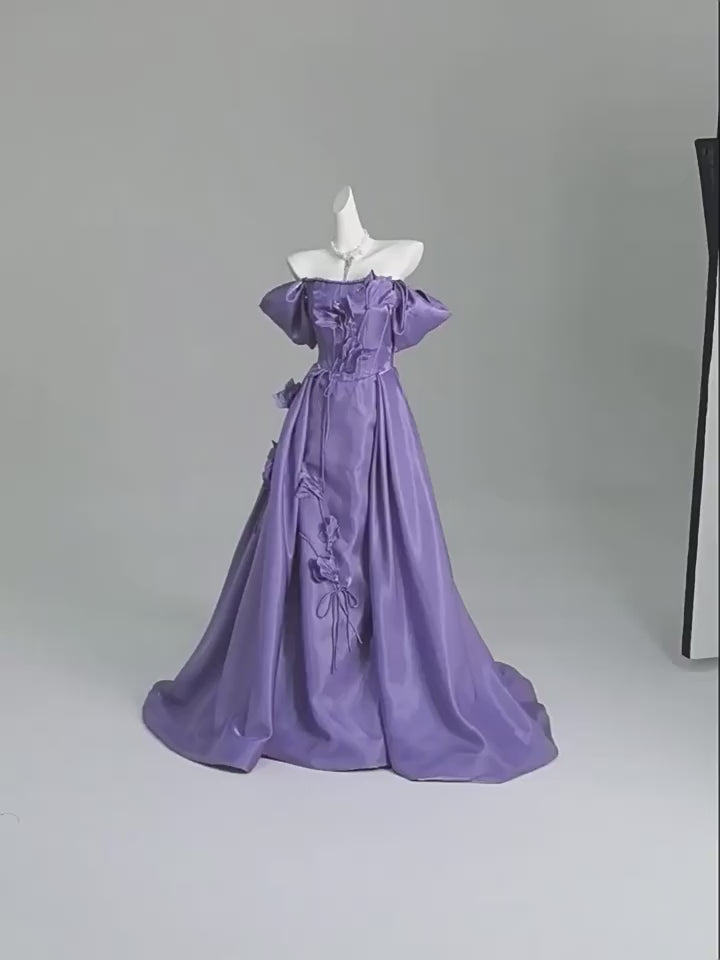 Purple Off the Shoulder Evening Dress with Floral Appliqué – Satin Evening Gown with Lace-Up Back Plus Size