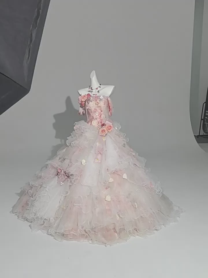 Pink Fairytale Layered Tulle Ruffle Dress with Floral Appliqué – Floral Evening Dress with Corset Back and Bow Detail Plus Size