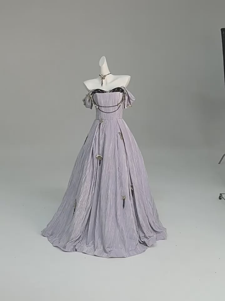 Lavender Purple Evening Dress with Butterfly Appliqué – Velvet Evening Gown with Corset Back and Matching Choker Plus Size