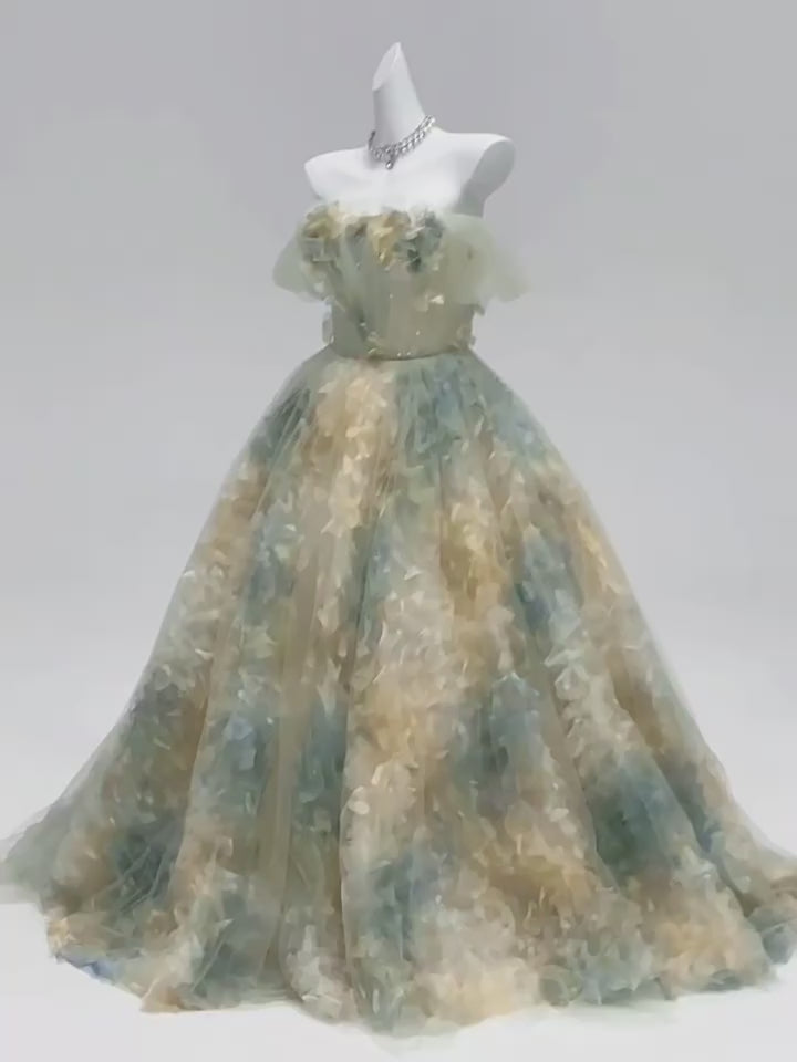 Pastel Green Floral Evening Gown - Off-Shoulder Tulle Dress with Corset Plus Size