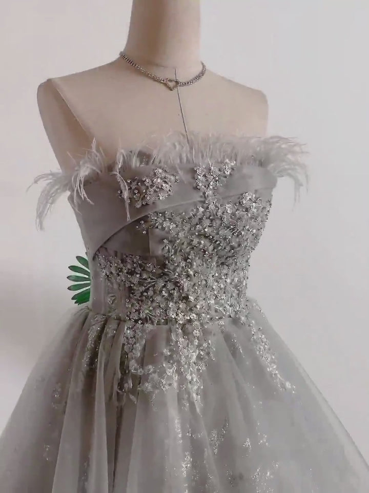 Elegant Silver Grey Short Wedding Party Dress with Floral - Feathered Off-Shoulder Corset Bridal Gown Plus Size
