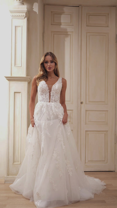 Plunging Lace Bodice Tulle A-Line Wedding Gown with Ethereal Train