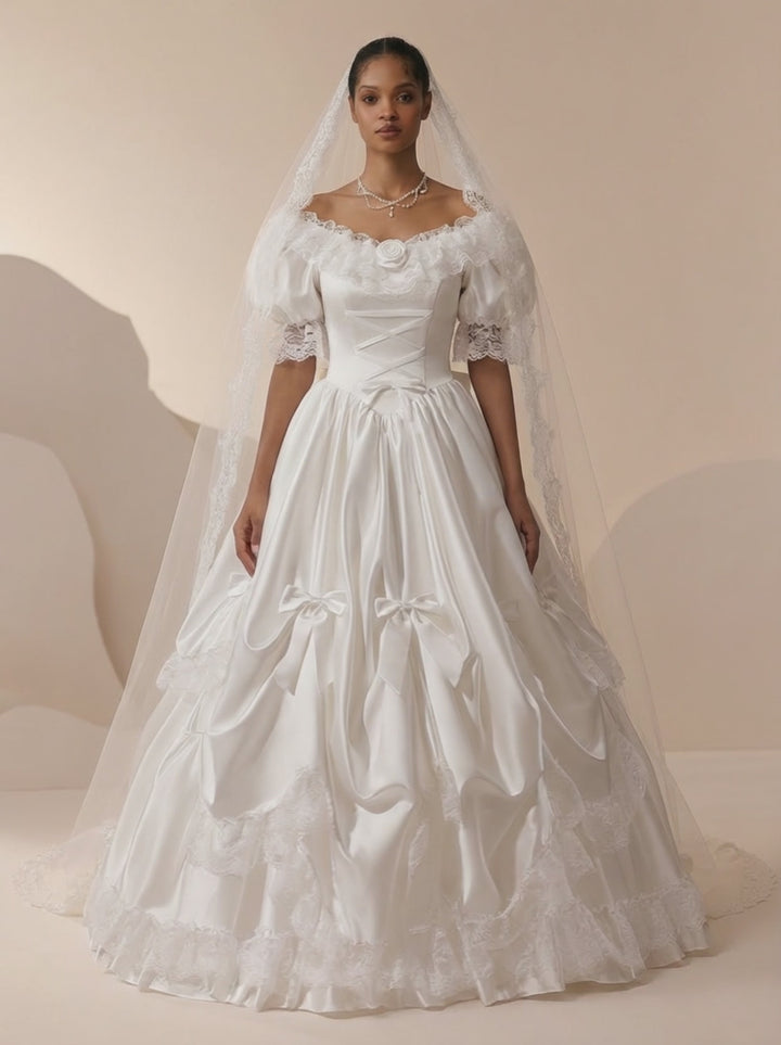 Satin Wedding Dress with Lace and Puff Sleeves – Vintage Wedding Gown with Corset and Large Back Bow Plus Size