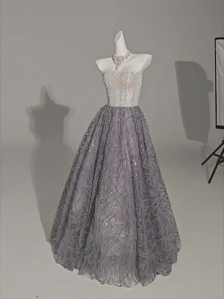 Gray and Lavender Strapless Lace Ball Gown Evening Dress - Plus Size