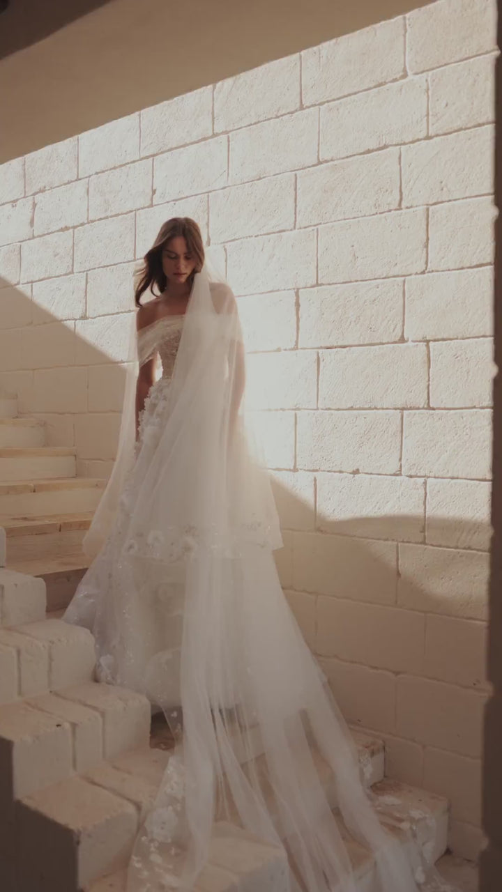 Elegant Off-Shoulder A-Line Bridal Gown with Sequin Floral Appliqués and Tulle Skirt Plus Size