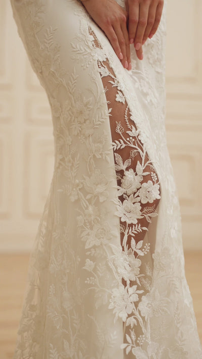 Form-Fitting Lace Appliqué Bridal Gown with Long Sleeves and High Slit Plus Size
