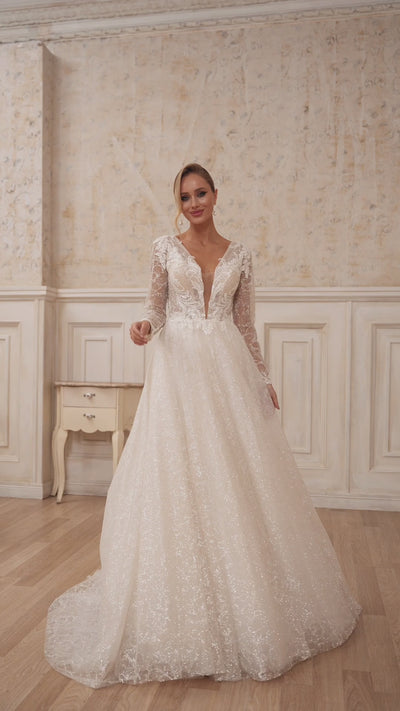 Classic Lace Long-Sleeve Wedding Dress | Deep V-Neck Bridal Gown with Sparkling Train Plus Size