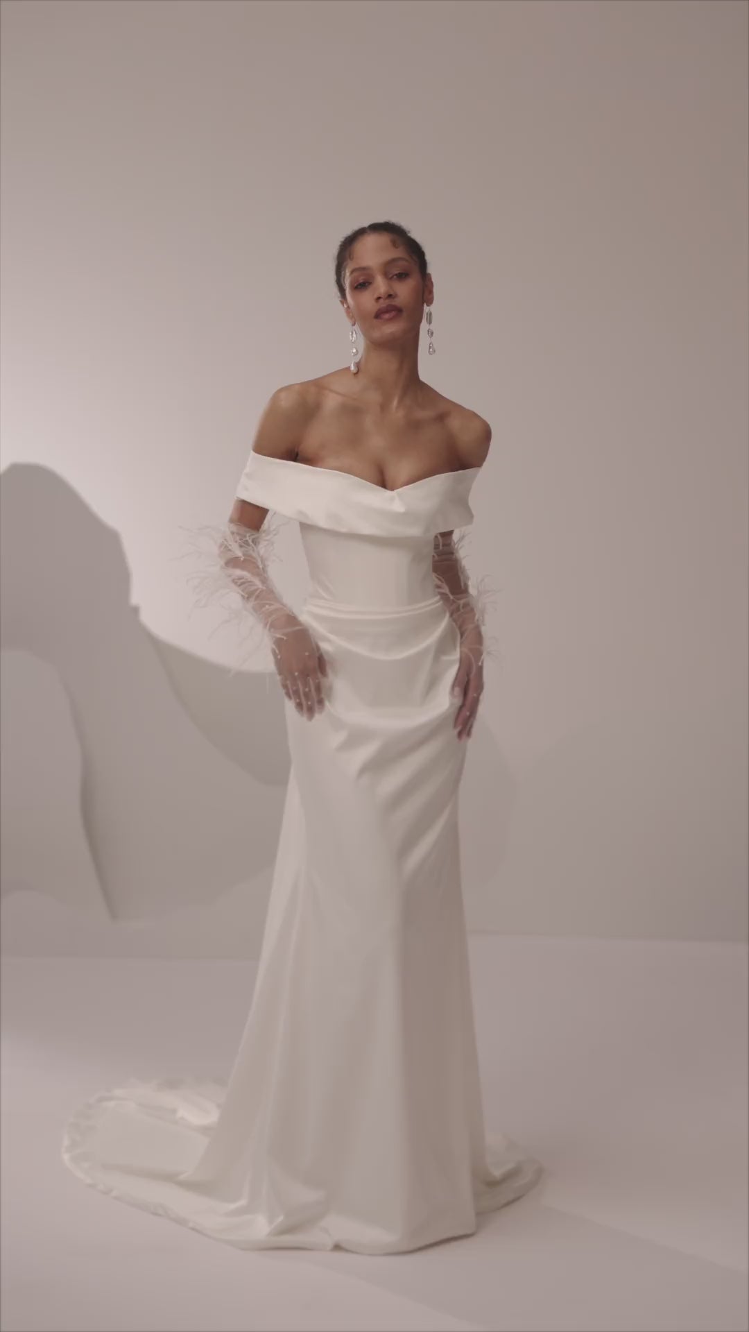 Elena Morar MR-002 - Off-the-Shoulder Bridal Gown with Feather Details - Unique Plus Size Vintage Wedding Dress