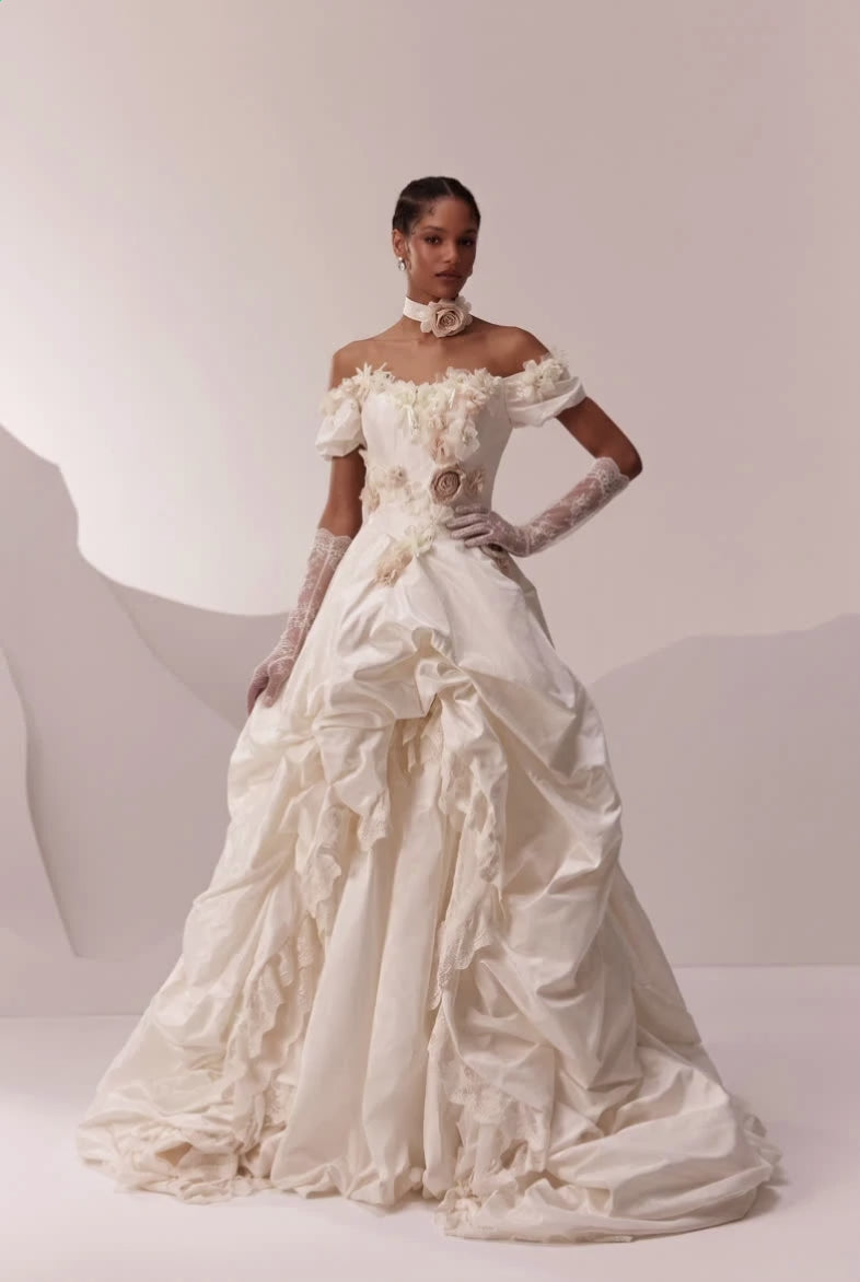 Ivory Wedding Dress with Floral Appliqué Off Shoulder Bodice and Draped Ball Gown Skirt Plus Size