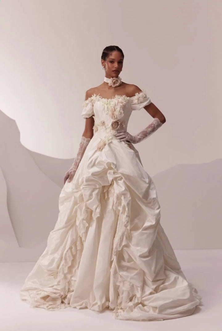 Ivory Wedding Dress with Floral Appliqué Off Shoulder Bodice and Draped Ball Gown Skirt Plus Size