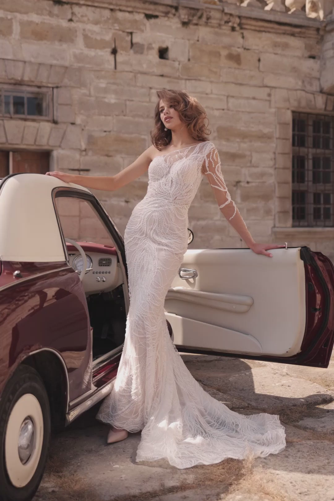 Elegant One-Shoulder Pearl-Embellished Mermaid Wedding Dress with Detachable Train Plus Size - CARLY