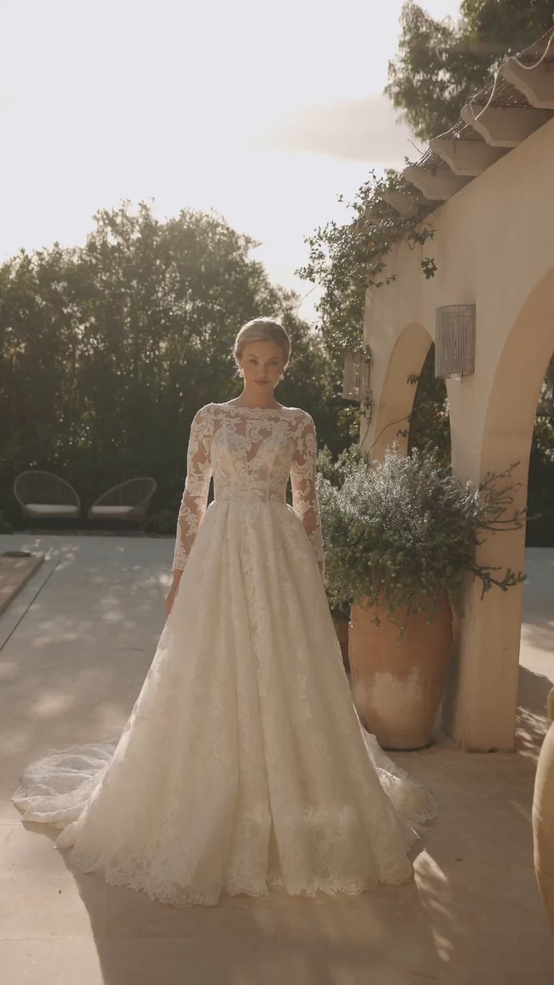 Long Sleeve Wedding Dress with Illusion Lace Bodice – Vintage Ball Gown Wedding Dress with Crew Neckline Plus Size