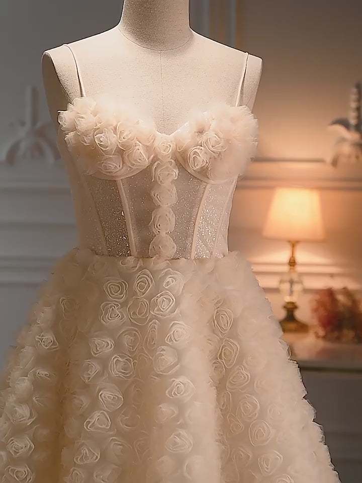 Cream Floral Short Wedding Party Dress - Rosette Embellished Tulle Dress - Spaghetti Strap Corset Bridal Gown Plus Size