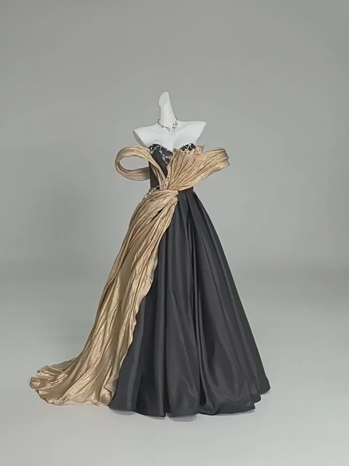 Black and Gold Evening Dress – Off the Shoulder Evening Gown with Draped Satin and Corset Back Plus Size
