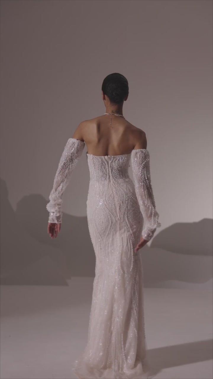 Ivory Lace Fitted Wedding Dress with Long Sheer Sleeves, Deep V-Neck, and Elegant Train - Plus Size