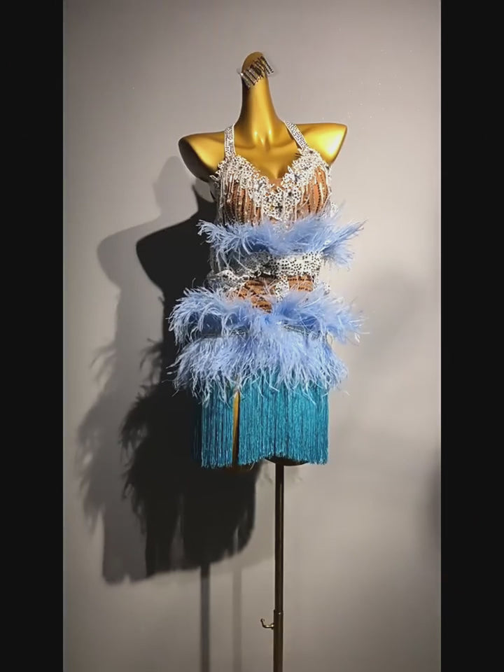 Blue Salsa Sequin Dress with Feather Trim and Fringe Skirt – Handmade Latin Ballroom Dance Costumes