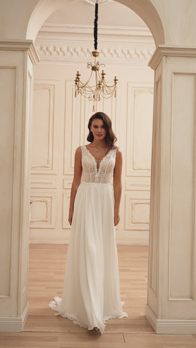 Elegant Chiffon A-Line Bridal Gown with Beaded Lace Bodice and Deep V-Neckline Plus Size