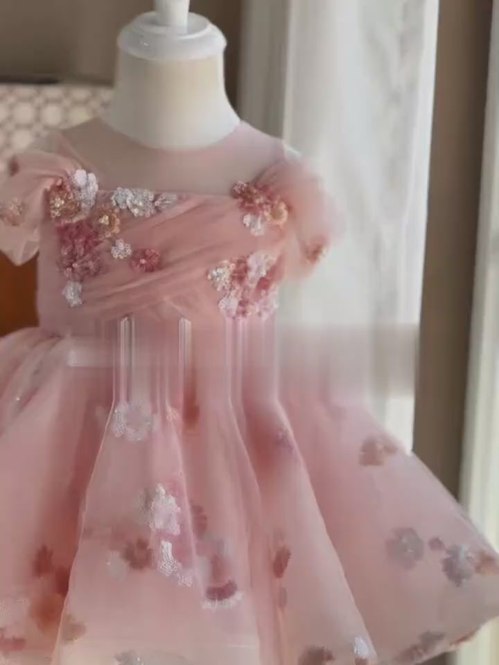 Blush Pink Flower Girl Dress with Embroidered Floral Accents - Plus Size