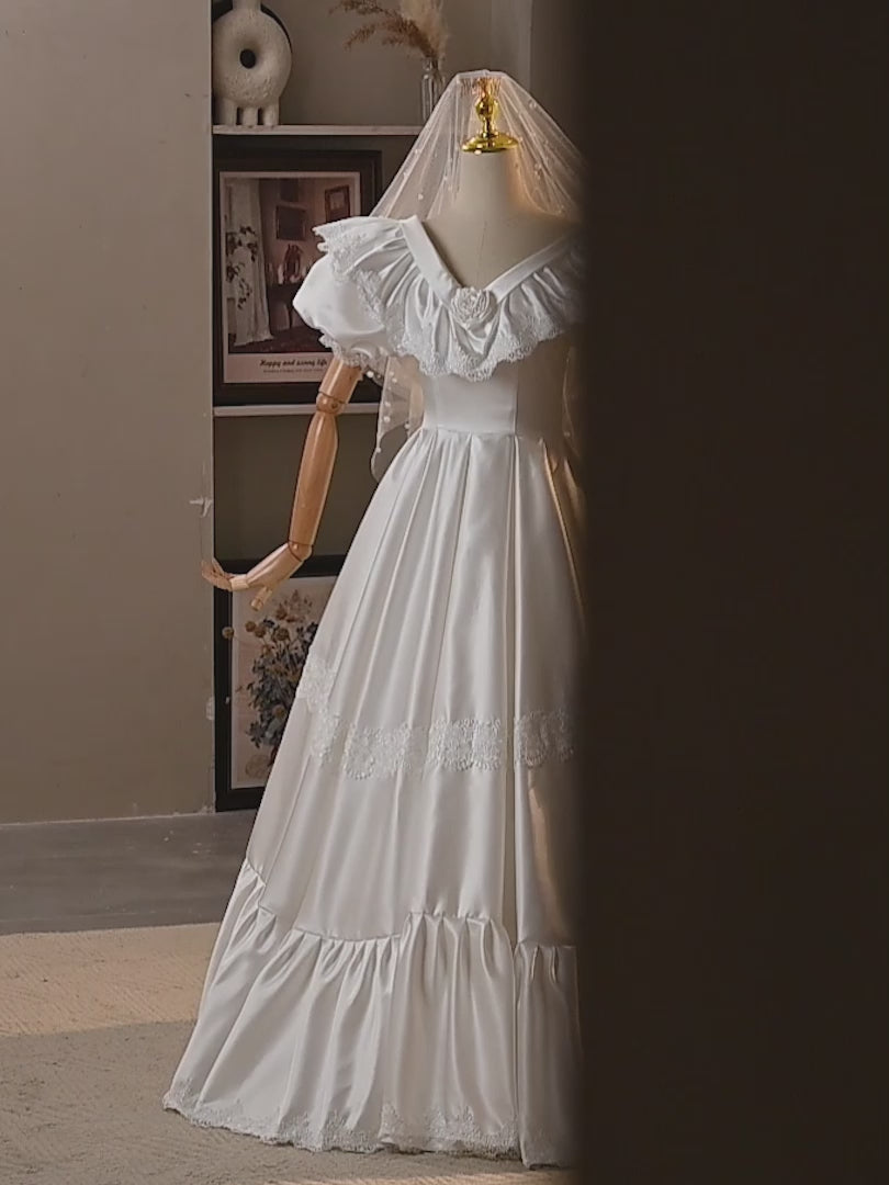 Retro Wedding Dress with Puff Sleeves – Simple Satin Wedding Dress with Ruffle Neckline Plus Size