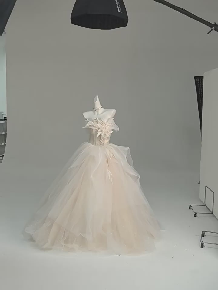 Cream Off the Shoulder Evening Dress with Feathered Bodice – Corset Evening Dress with Layered Skirt Plus Size