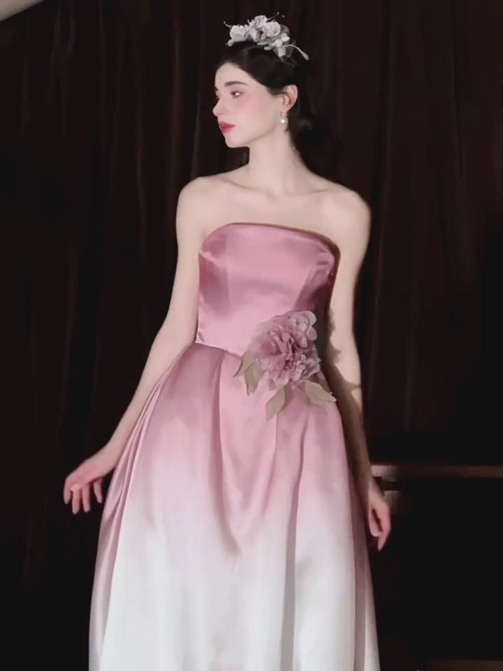 Pink and White Strapless Evening Dress with Corset – Satin Evening Dress with 3D Floral Detail Plus Size
