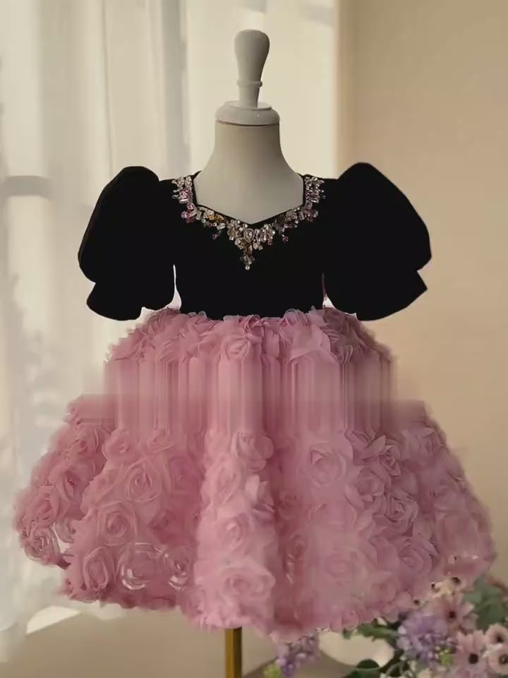 Pink Flower Girl Dress with Black Velvet Bodice and Luxurious Rose Detail Skirt Plus Size