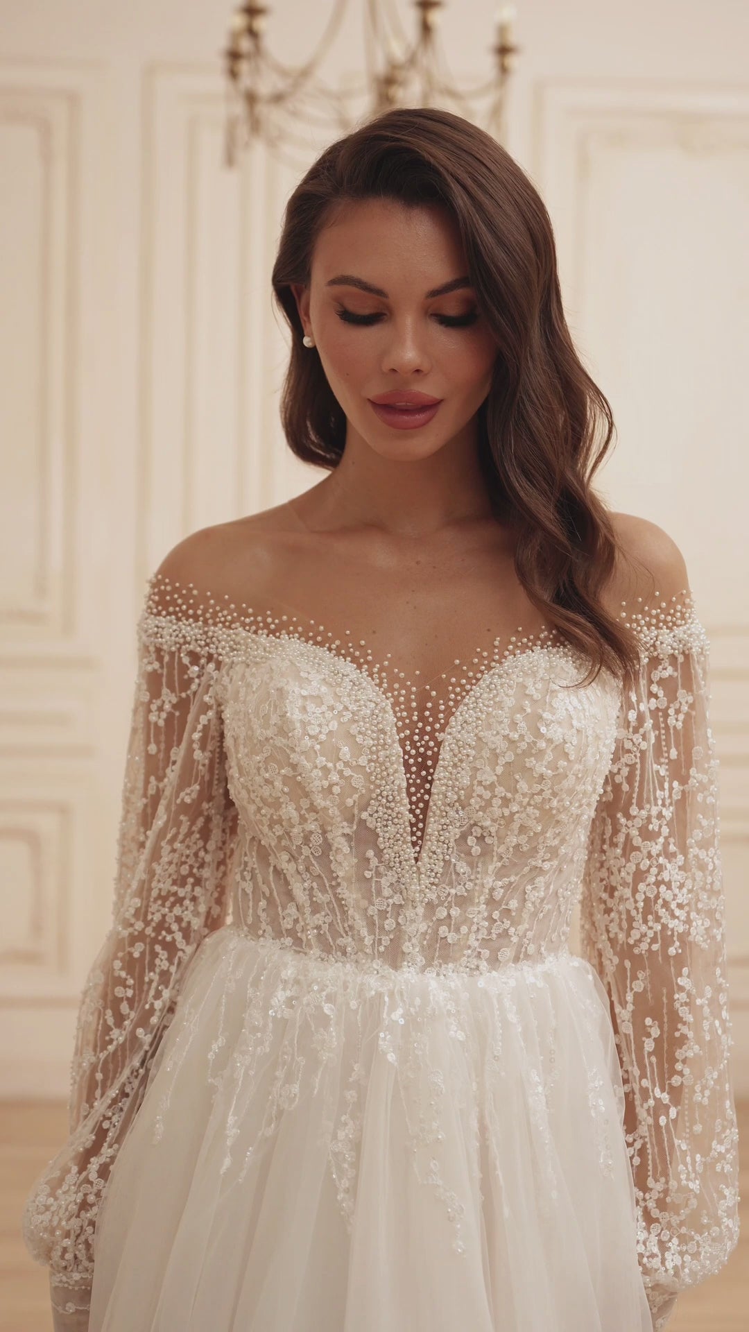 Ethereal Off-Shoulder Sequin Bridal Gown with Pearl Embellishments and Long Sheer Sleeves Plus Size